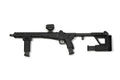 A black tactical PDW with a folding vertical foregrip, adjustable stock, and a mounted optic, shown against a plain white background.