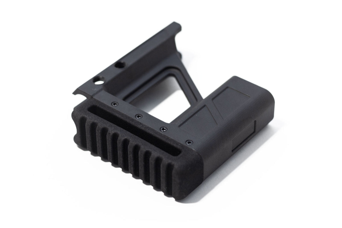 A black adjustable rifle stock for the KelTec Sub2000 folding 9mm rifle. Featuring a textured TPU recoil pad, and extra magazine storage. Shown on a plain white background.