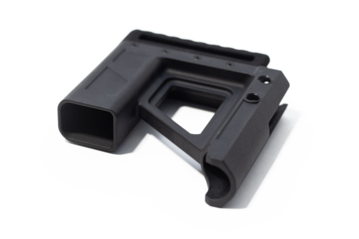 A black adjustable rifle stock for the KelTec Sub2000 folding 9mm rifle. Featuring a textured TPU recoil pad, and extra magazine storage. Shown on a plain white background.