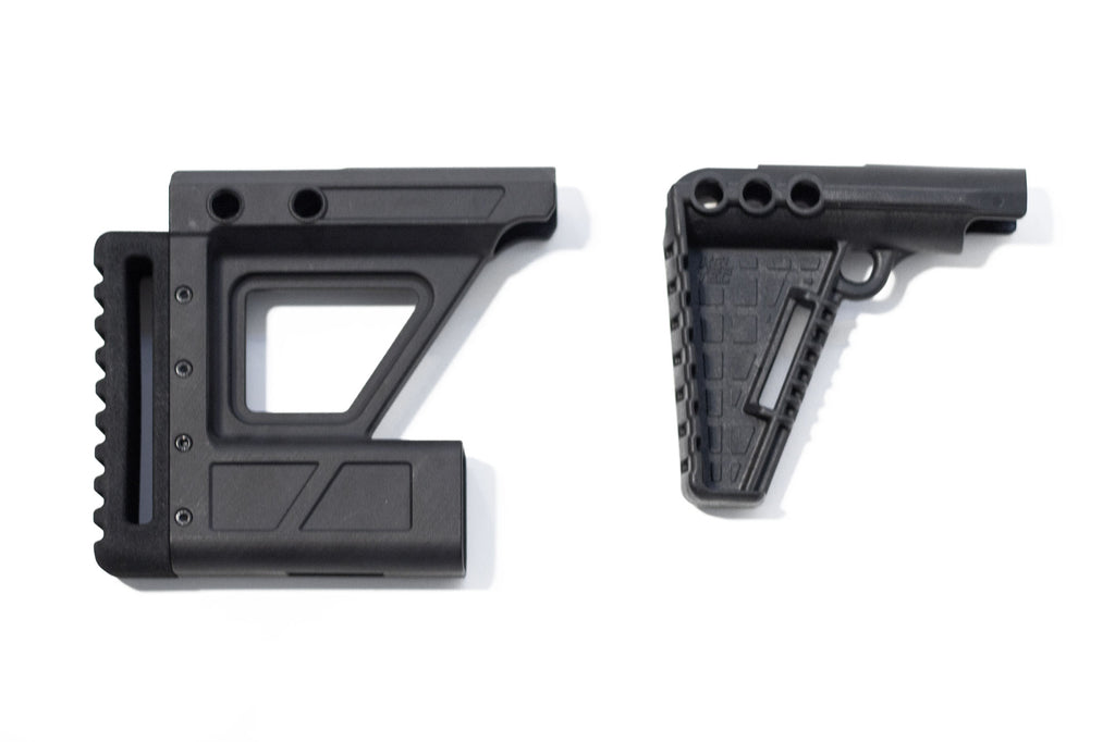 A comparison of Ancillary Defense's adjustable rifle stock for the KelTec Sub2000 folding 9mm rifle, and the factory stock made by KelTec. Shown on a plain white background.