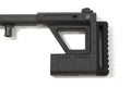 A black adjustable rifle stock for the KelTec Sub2000 folding 9mm rifle. Featuring a textured TPU recoil pad, and extra magazine storage. Shown on a plain white background.