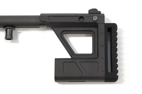 A black adjustable rifle stock for the KelTec Sub2000 folding 9mm rifle. Featuring a textured TPU recoil pad, and extra magazine storage. Shown on a plain white background.